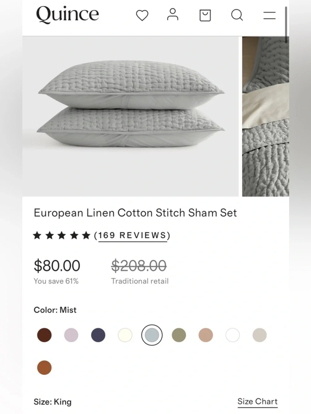 NWOT Quince European Linen Cotton Stitch Sham Set King Size in Mist